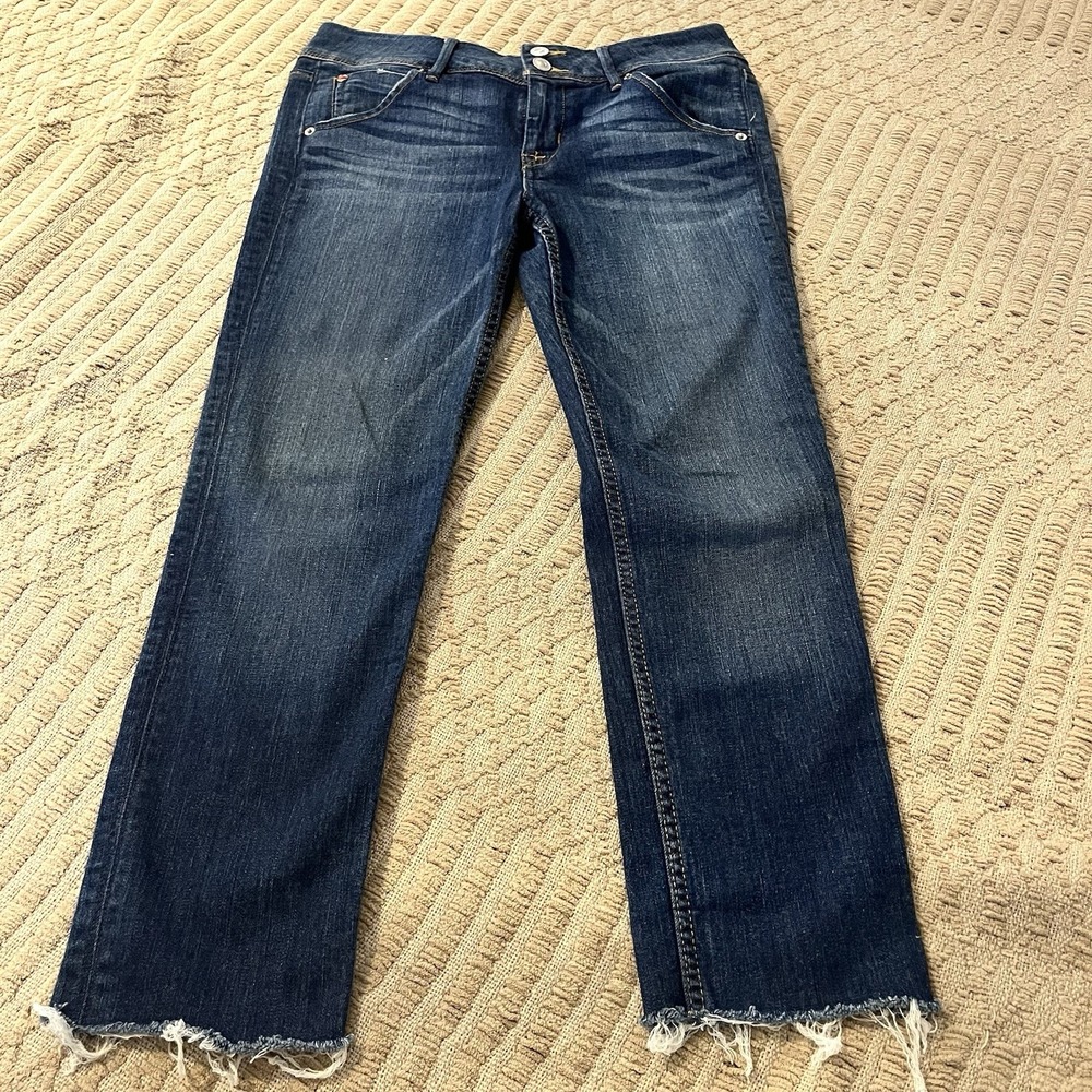 Hudson Women 28 Straight Undone Hem Crop Jeans Denim Low Rise Dark‎ Pocket Flap